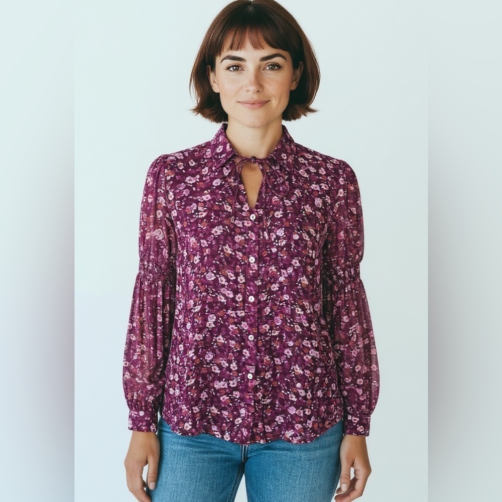 River Island Burgundy Floral Button Down Blouse Size 10 Long Sleeve